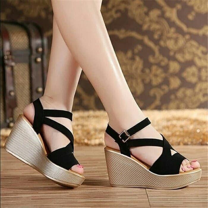 Sandal Wedges DNF 0110 Hitam Murah / sandal wanita model terbaru / sandal murah / sandal pesta wanita