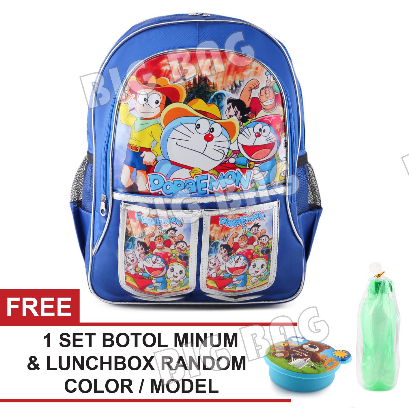 Tas Ransel Anak - Doraemon - Adventure Series - Catch Up - Underworld School Bag Tas Sekolah Anak + FREE Botol Minum Antarthic - BLUE + Lunchbox & Botol Random Color / Model Tas Anak Tas Sekolah Tas Anak Karakter