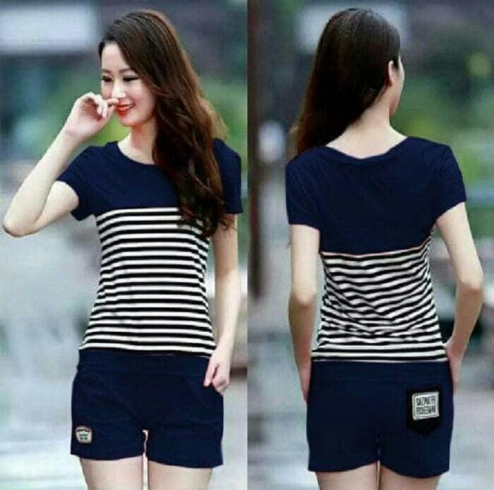 Setelan Wanita Blouse + Celana 2In1 Navy Stripe Salur Summer Ootd Hera