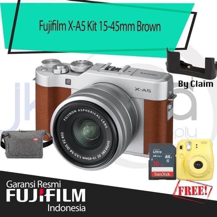 Fujifilm XA5 KIT 15-45 mm Kamera Mirrorless - Brown + Instax Share SP2 + SDHC 16GB + Sirui Sling Bag + Leather Case jklensa Garansi Resmi Fujifilm