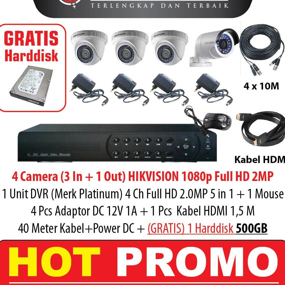 Harga Grosir-Paket 4 Camera Hikvision DS-2CE56DOT-IRP 2MP-DVR Merk Platinum 2MP(Free Hardisk 500GB)