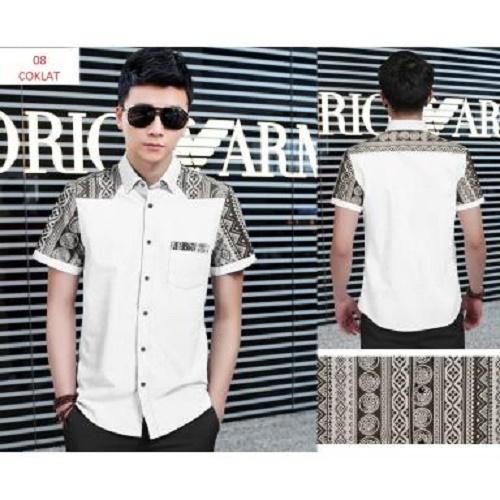 SUPPLIER GROSIR 15263 U21 BAJU KEMEJA PRIA LAKI-LAKI KOMBI BATIK PAKAIAN COWOK KEKINIAN MODERN KOKO MURAH TERMURAH WARNA PUTIH COMBI COKLAT BAHAN KATUN STRETCH