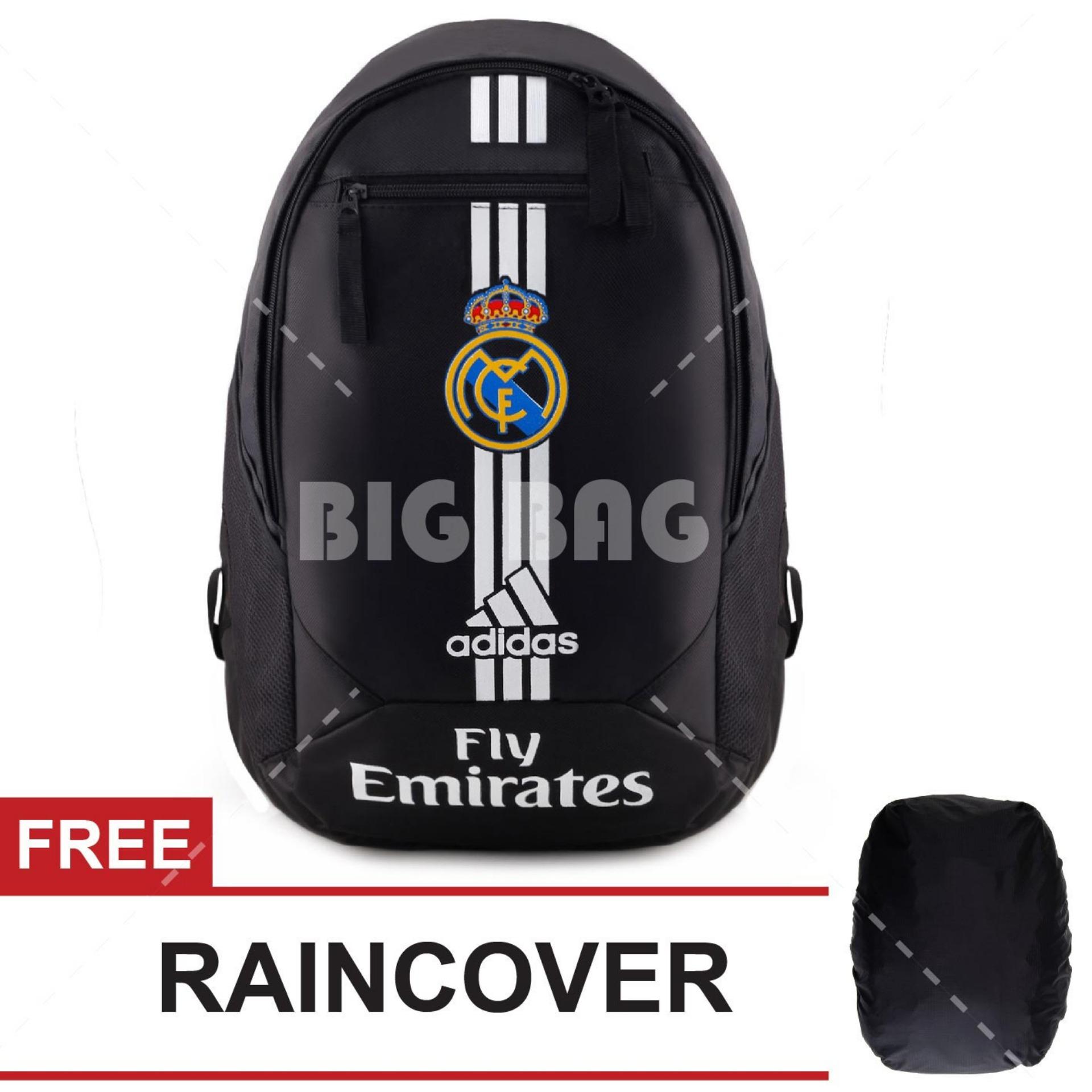 Tas Ransel Adidas Bola Pria Real Madrid C.F Laptop Backpack Men Soccer Editions - Black + FREE Raincover