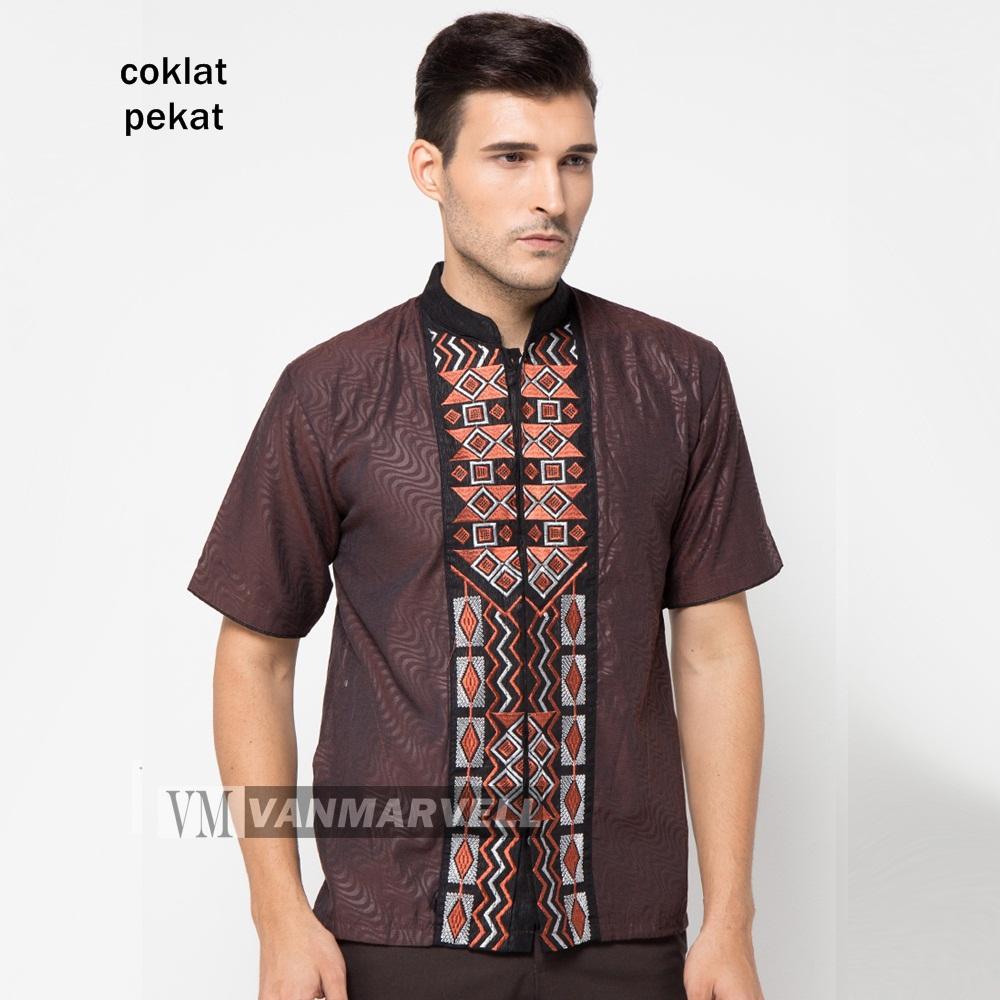 VM Kemeja Koko Muslim Pendek Modern Slim Motip Bordir Coklat