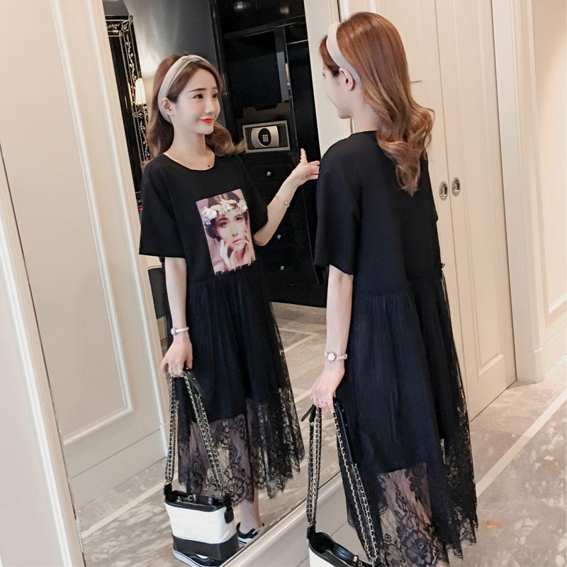 Gaya Korea Model Musim Panas Agak Gemuk ukuran besar baju wanita model baru MM longgar Sambungan Jahitan rok renda membentuk tubuh model tipis gaun