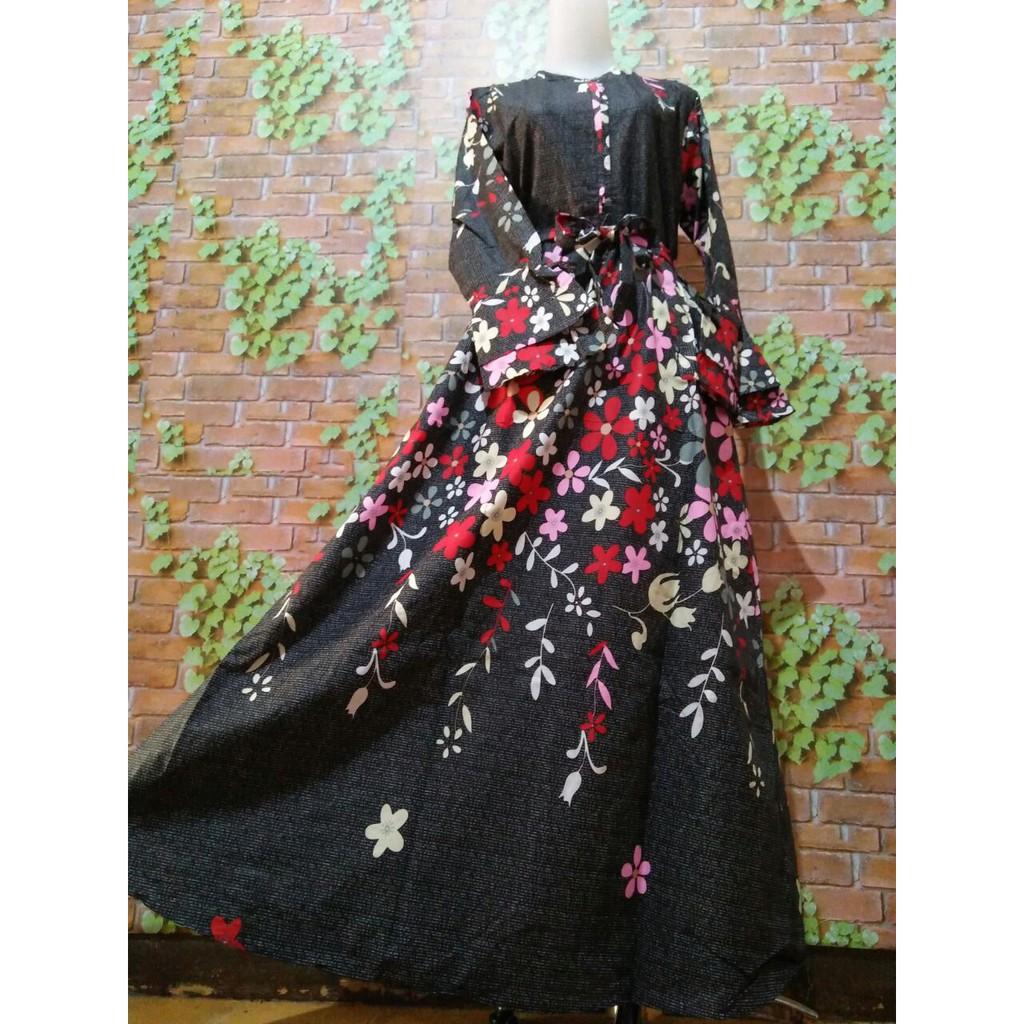 Gamis katun bunga rambat umbrella puter payung dress syari baju muslim busana muslimah modern tuniq (Grey M)
