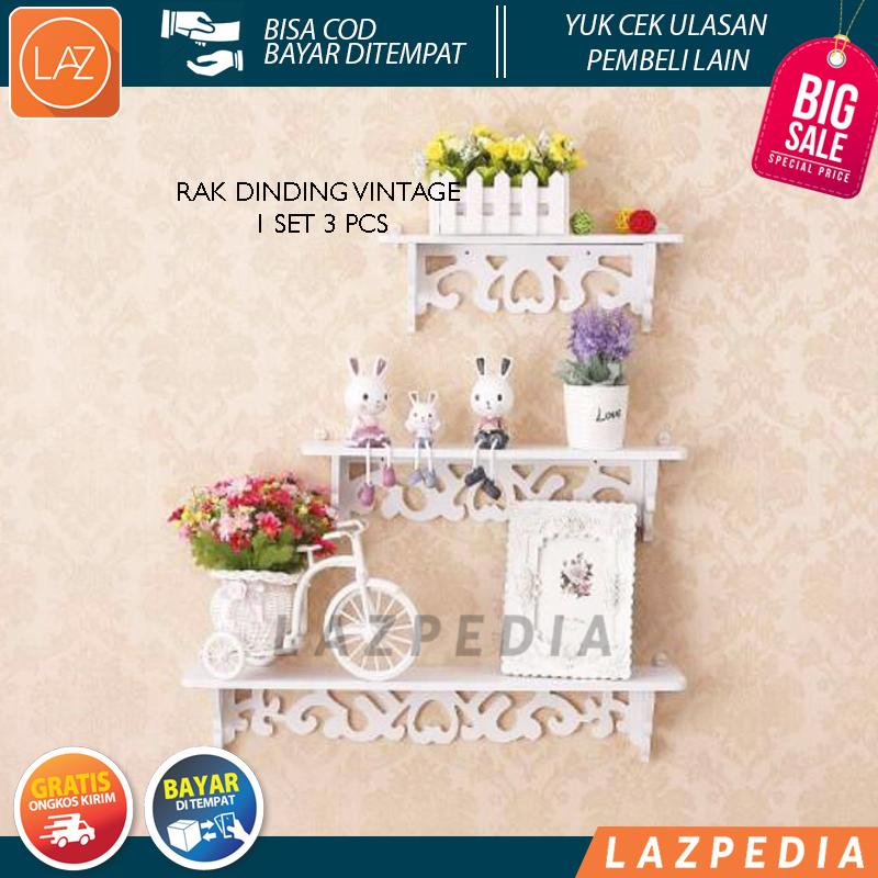 COD/BYR DITEMPAT - BIG PROMO!!! - Rak Dinding Vintage 1set 3pcs Dengan 5 hook Gantungan Floating Shelf Lazpedia