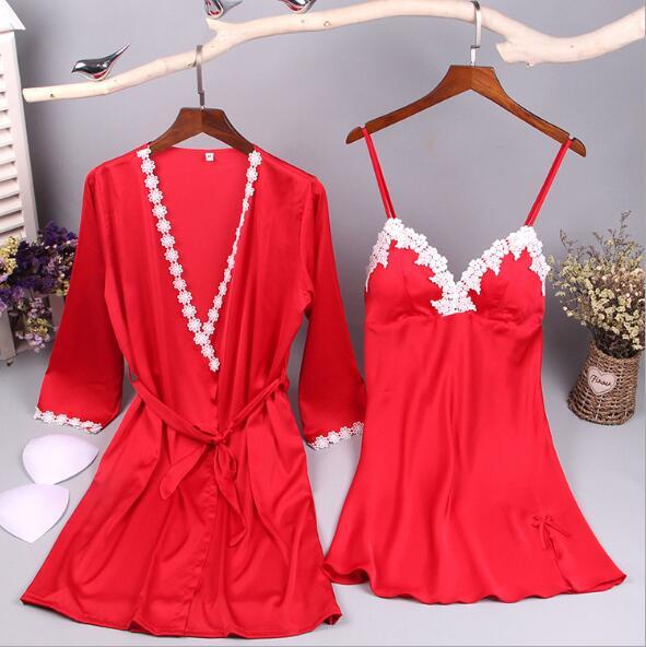 Joy Wanita Seksi Piyama Dua Potong Memanfaatkan Gaun Robe Rumah Merah