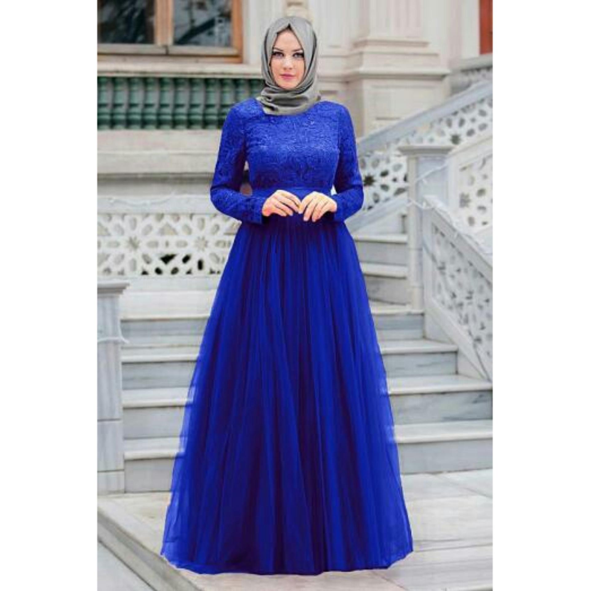 Claryne Maxi Dress Muslim Wanita Gamis Pesta Brukat Tile Lengan Panjang Almaer