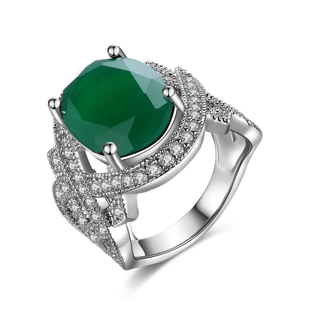 Emas emas zirkon cekung oval terukir zamrud hijau cincin berlian perhiasan emas putih grosir KZCR425