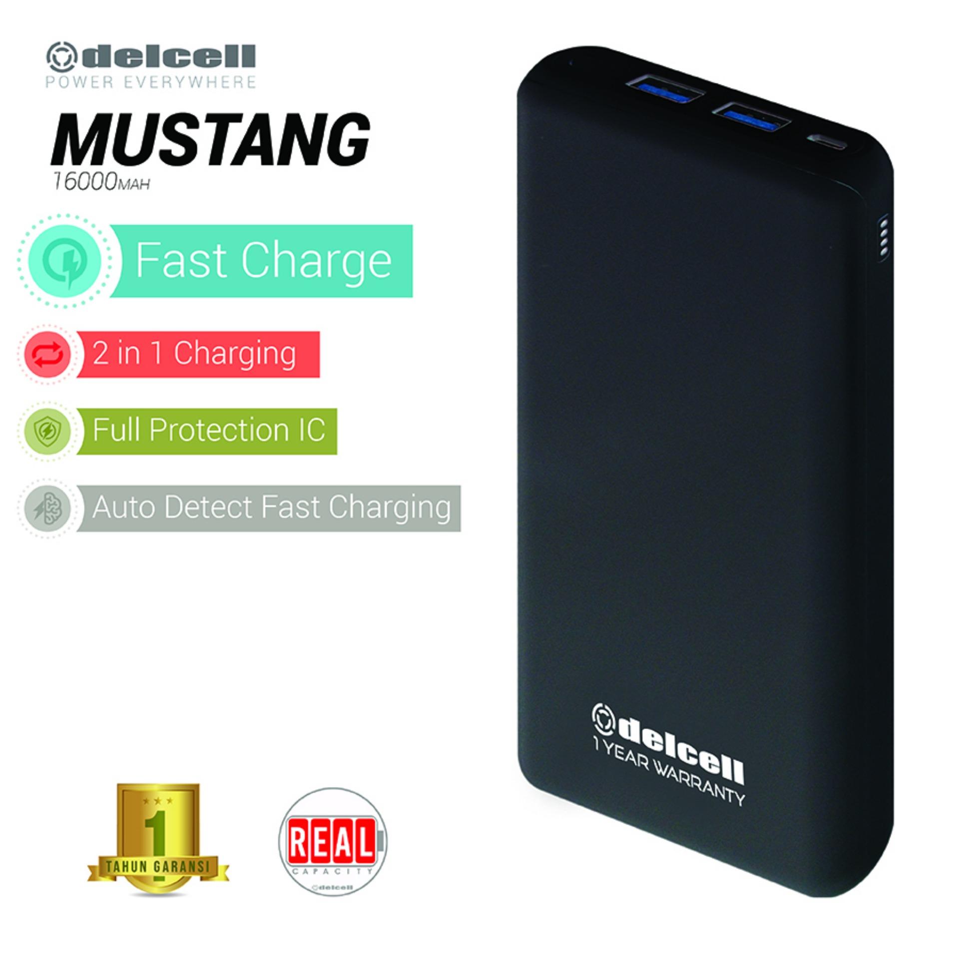 New Arrival Delcell 16000mAh Powerbank MUSTANG Real Capacity Big Capacity Fast Charging Polymer Battery Garansi Resmi 1 Tahun Dual Output Power Bank Murah Berkualitas - Black