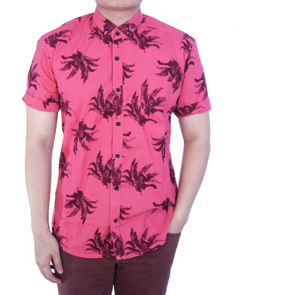 grosir kemeja casual pria cowok lengan pendek motif merah corak pohon pantai kemeja kerja kuliah santai pantai murah