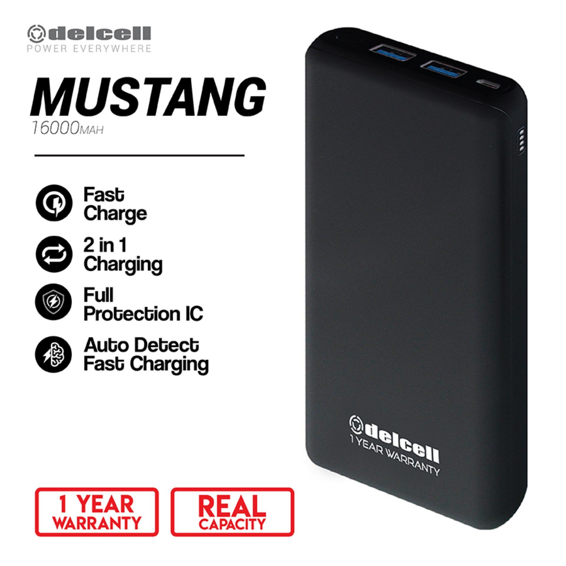 New Arrival Delcell 16000mAh Powerbank MUSTANG Real Capacity Big Capacity Fast Charging Polymer Battery Garansi Resmi 1 Tahun Dual Output Power Bank Murah Berkualitas - Black