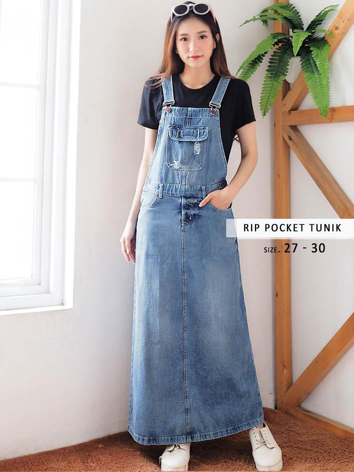 Gamis Overall Maxi Dress Jeans - Long Overall Kombinasi (TANPA INNER / BAJU DALAM)