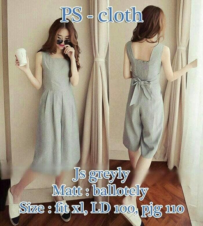 Celana Jumpsuit Lengan Pendek Sweet Grey Ribbon Summer Ootd Kely Style
