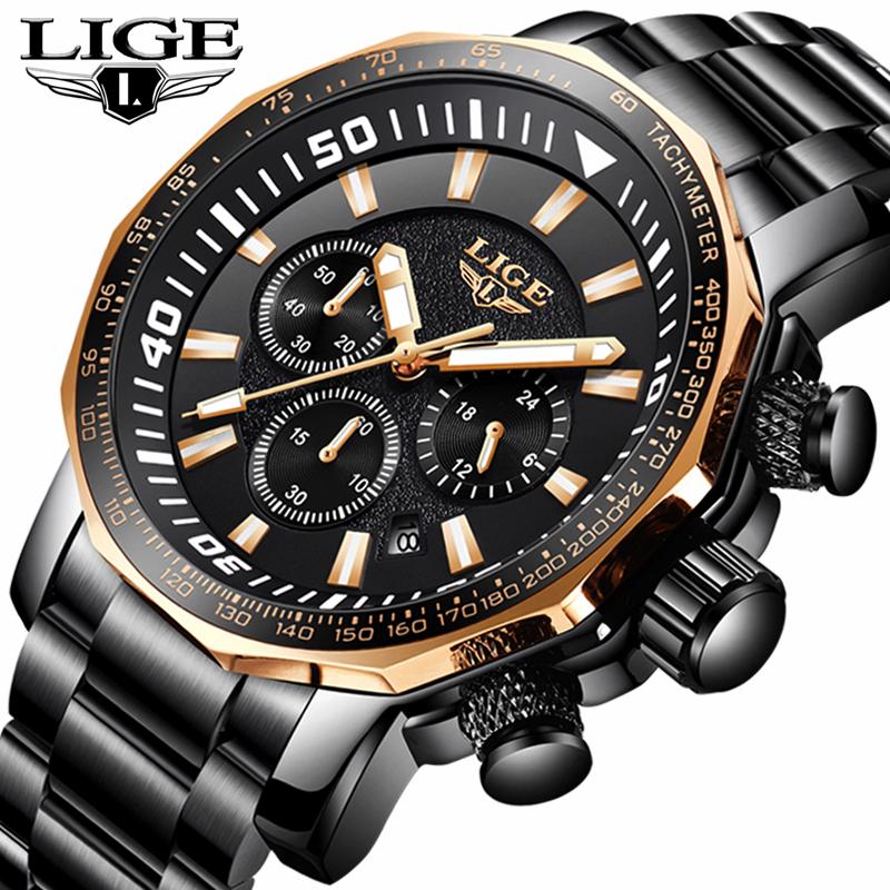 LIGE Perhiasan Pria multi-fungsi Sport Quartz Jam Mens Jam Tangan Atas Merek Mewah Bisnis Baja Penuh Kasual Jam Tangan Tahan Air