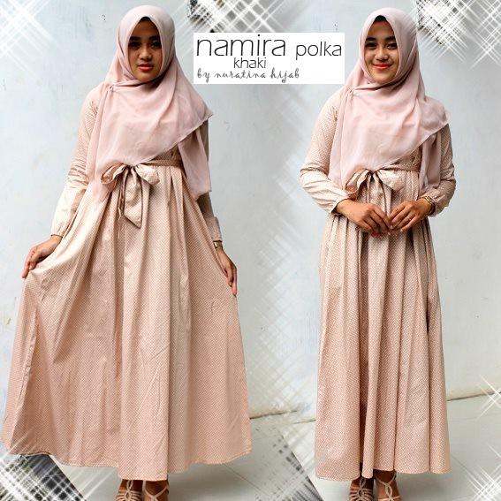 Namira Polka Khaki Gamis Menyusui Long Dress Baju Pakaian Muslim Coksu Busui Coklat Muda Nuratina