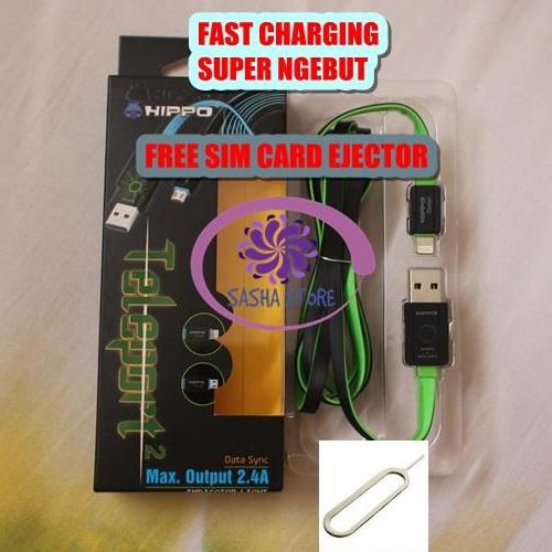 SS Paket Kabel Data Hippo Teleport 2 Iphone 5 5s 6 6s 6+ 6s+ 7 Fast Charging 120 cm / Kabel Charger / FREE TUSUKAN SIM CARD - HIJAU