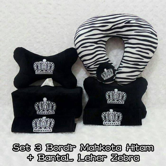 Paket Hemat Set 3 Bantal Mobil CROWN Black + Bantal Leher Zebra Crown