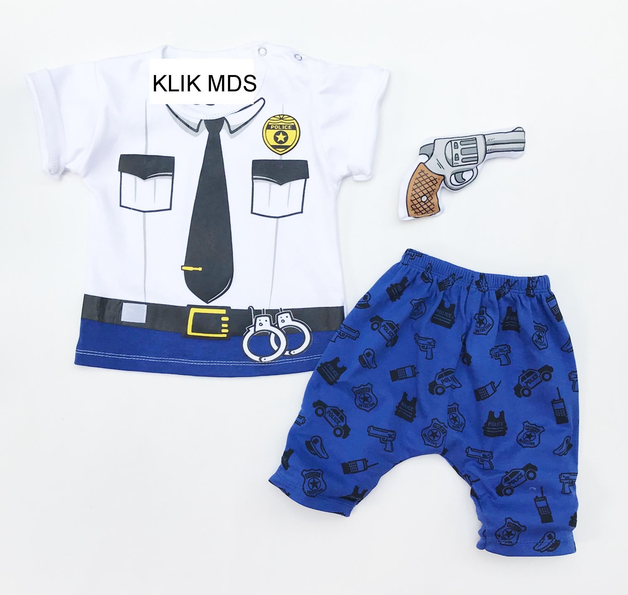 Klik Mds Baju Anak Bayi Setelan Atasan dan Celana Motif Karakter Polisi Free Boneka Pistol