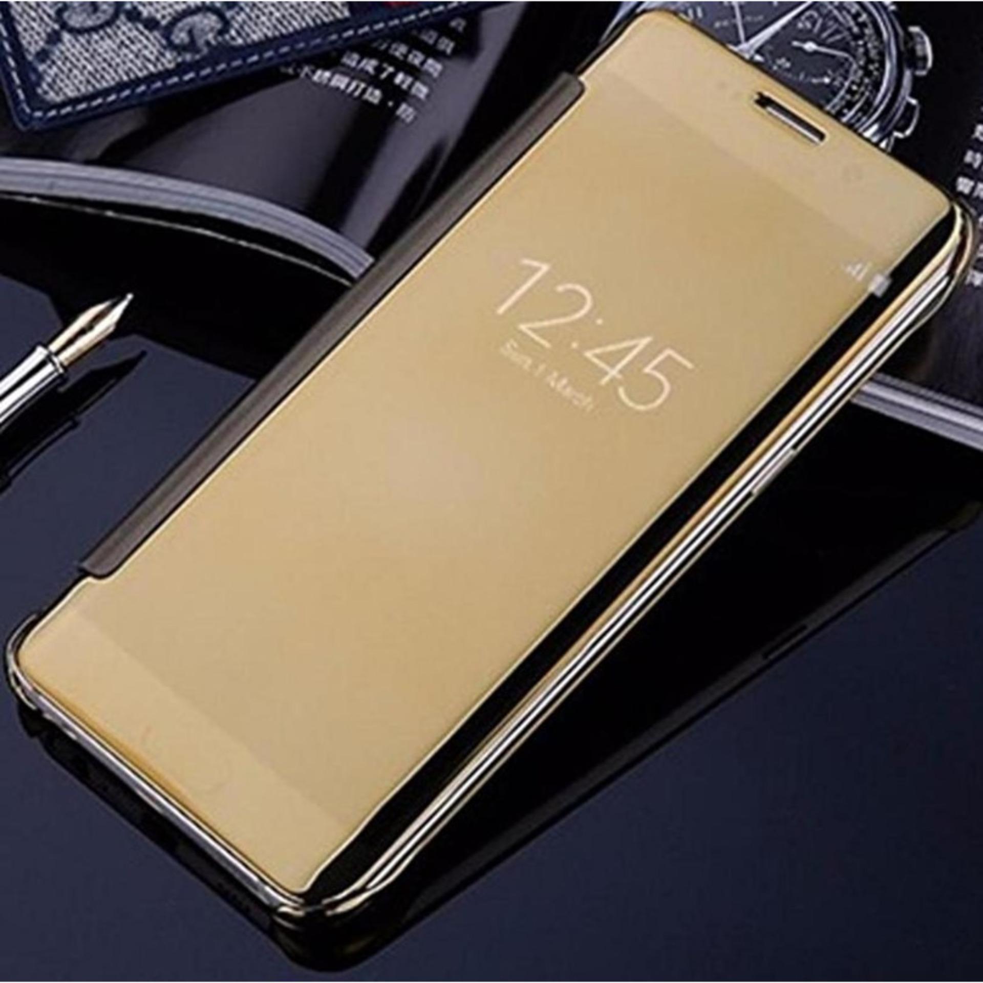 Case For Samsung Galaxy A8 2018 Flipcase Flip Mirror Cover S View Transparan Auto Lock Casing Hp- Gold