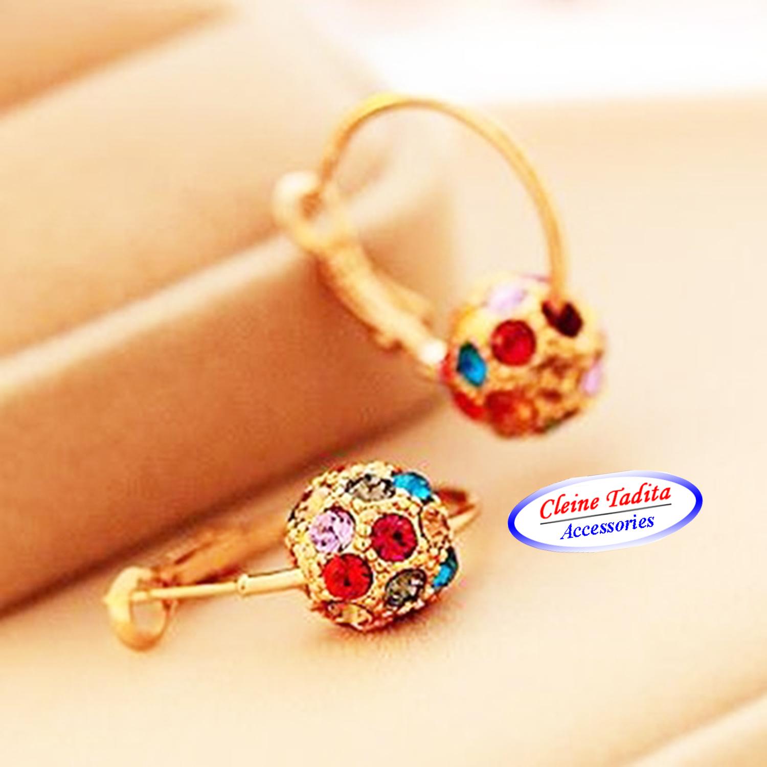 Anting Wanita Model Cincin Tuas Belakang Liontin Bola Hias Kristal Berlian Imitasi (CTACC)