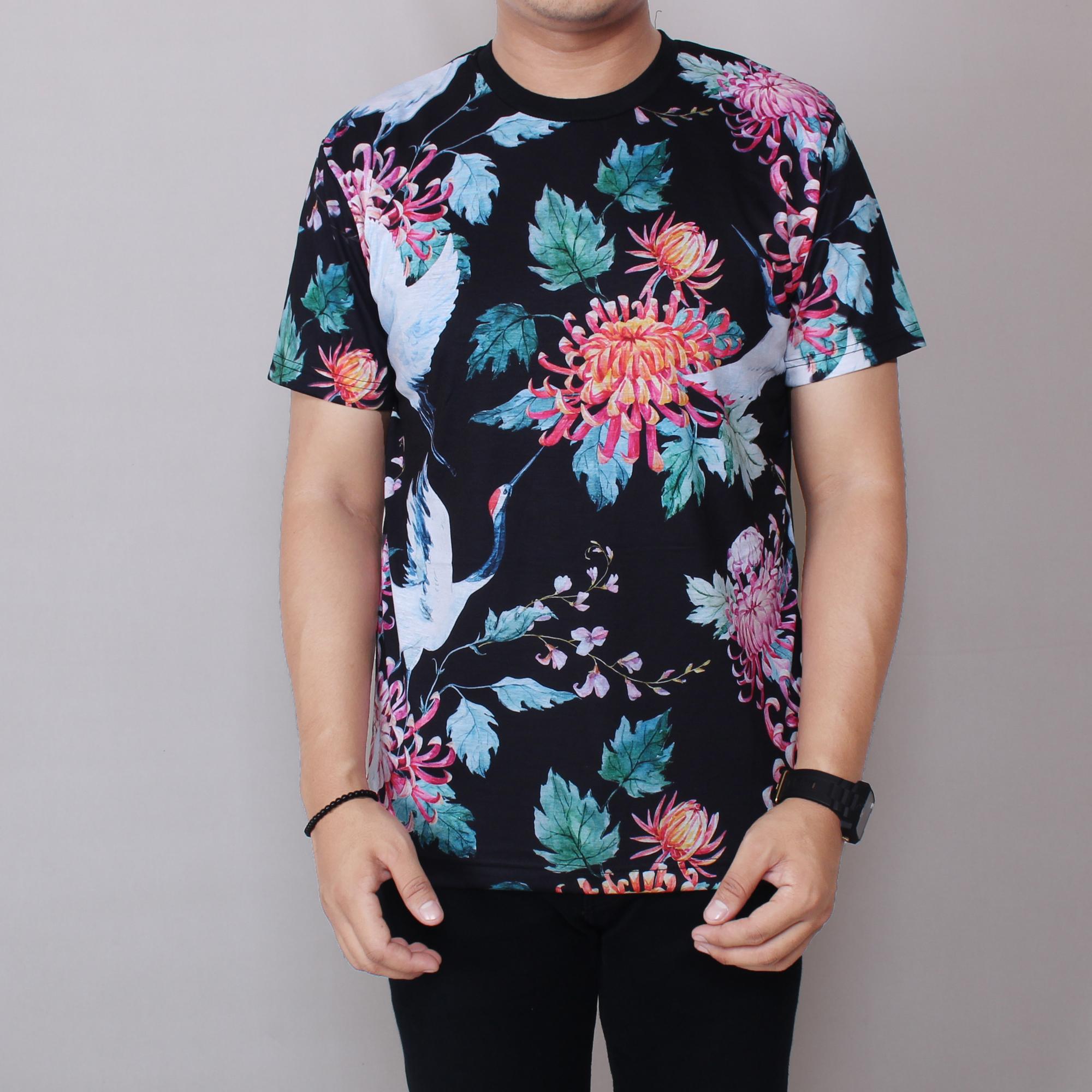 Zoeystore01 5977 Kaos Hitam Motif Flower Pria Lengan Pendek Baju Kaos Distro Casual