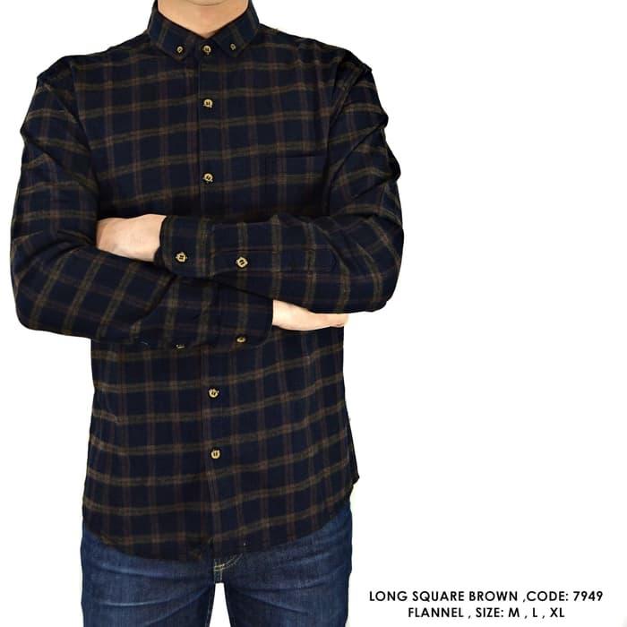KEMEJA PANJANG FLANEL FLANNEL PLANEL KOTAK COKLAT COWOK PRIA - seperti di foto, M