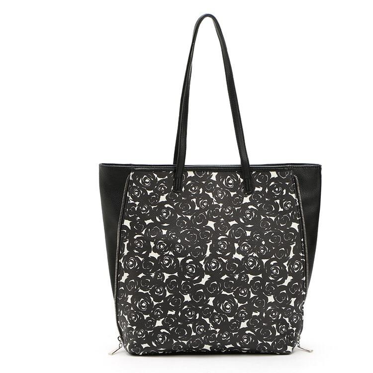 More584 Minicci Flower Totebag Monokrom - Tas Bahu Wanita Hitam PU Import