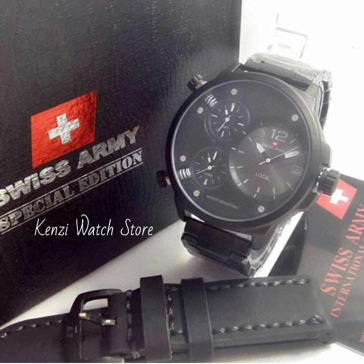 Swiss Army Jam Tangan Fashion Ekslusif Toko Grosir Quartz Triple Time Fitur Tanggal Aktif_ Full Set Free (BOX EKSLUSIVE SWISS ARMY & TALI KULIT ORY) Toko Grosir Jam Tangan Pria Hitam
