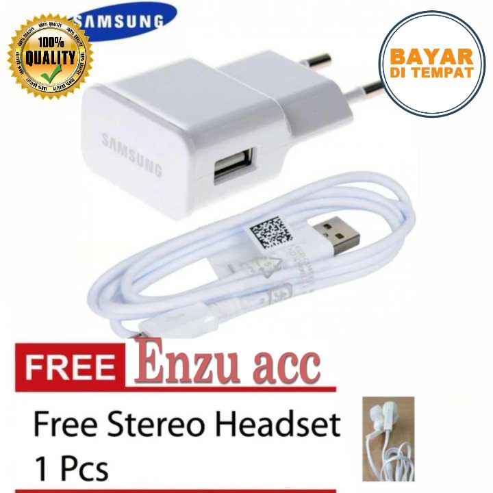 Charger Samsung Original 100% Authentic Travel Charger 10.W Kabel Micro USB Free Handsfree Samsung GH59 Jack 3,5mm - Putih