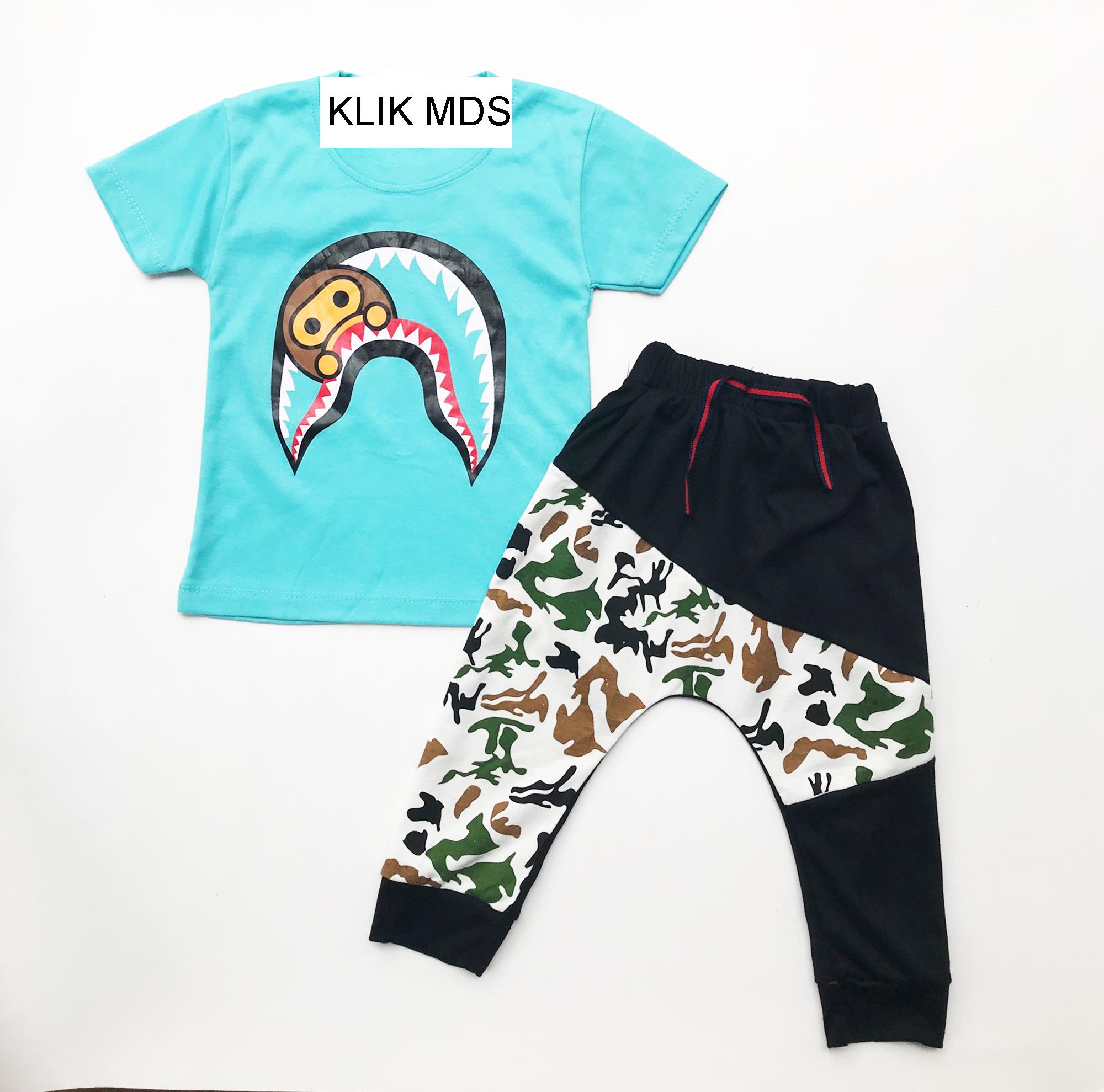 Klik Mds Baju Anak Bayi Lelaki Setelan Atasan dan Celana Motif Karakter Bapee Gigi Hiu Dengan Celana Joger