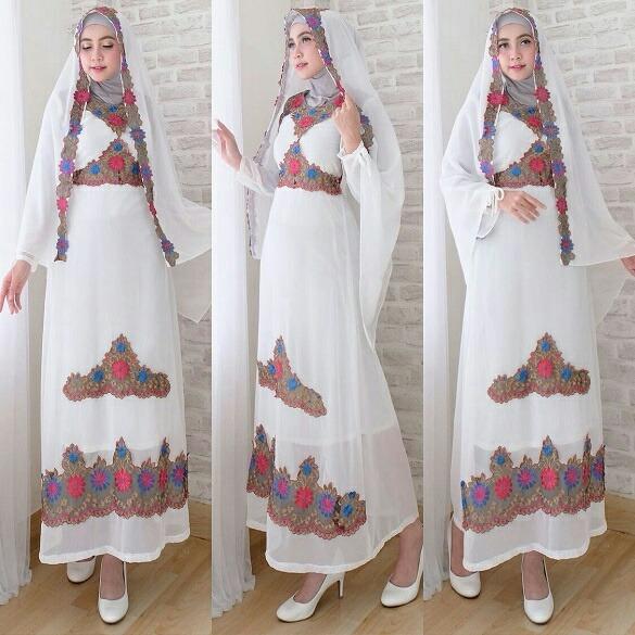 TOSERBU Gamis Maxi (M - Fit L) PRAMES WHITE + PASHMINA - Sifon Renda Furing - White