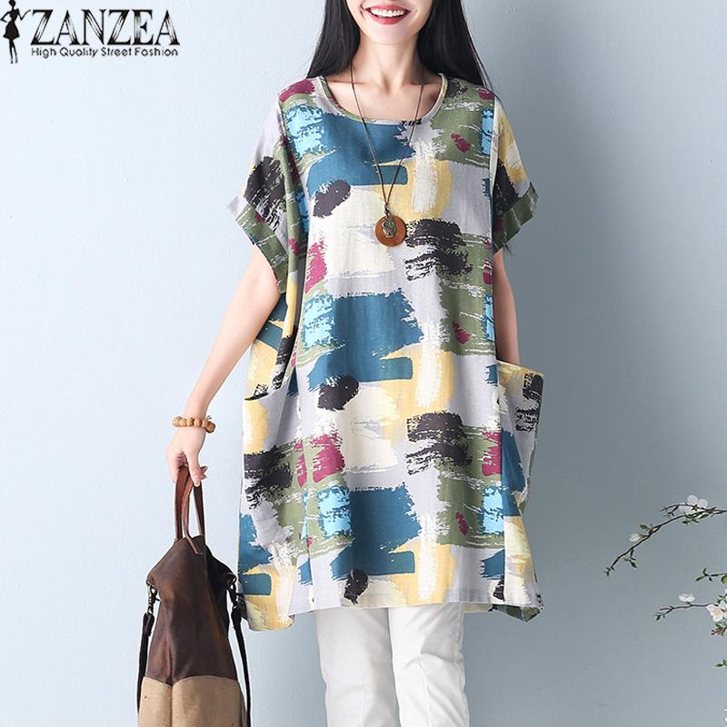 Zanzea Musim Panas Wanita O Leher Retro Bermotif Bunga Lengan Pendek Bulu Melingkar Kaftan Panjang Kemeja Gaun Vestido M-5XL -Intl