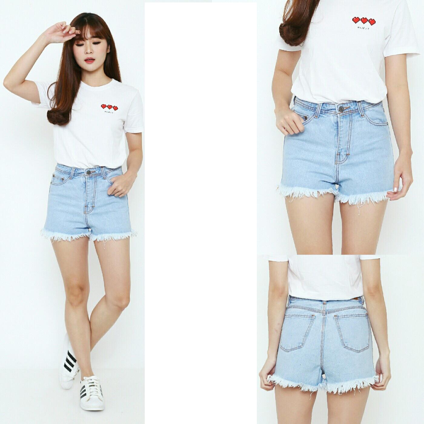 ZFASHION Celana Jeans Wanita Terbaru High Waist HW Hotpants Light Navy Good Quality Biru Muda Polos Rumbai 27-34