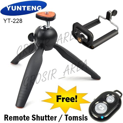 Yunteng YT-228 Tripod Mount + Phone Holder U-Tripod for Digital Camera And Smartphone - Hitam + FREE Remote Bluetooth Shutter / TOMSIS