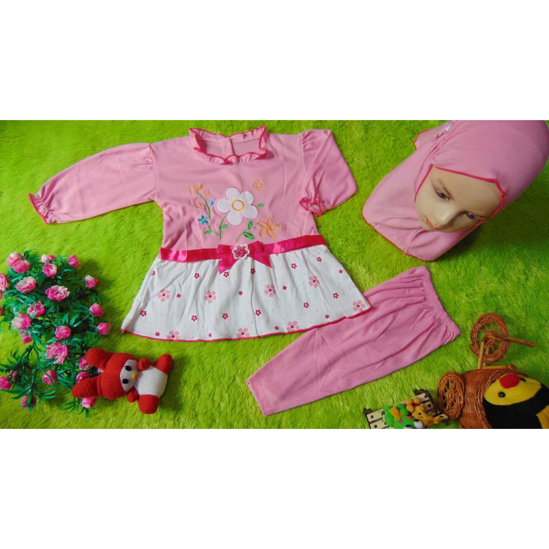 kembarshop - PLUS HIJAB setelan baju muslim anak gamis bayi 0-12bulan pink motif random