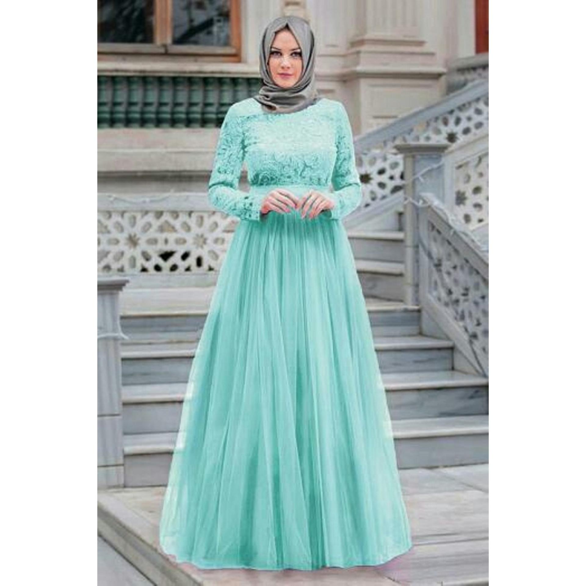 DIONISIA Almaera Maxi Dress Muslim Wanita Gamis Pesta Brukat Tile Lengan Panjang 