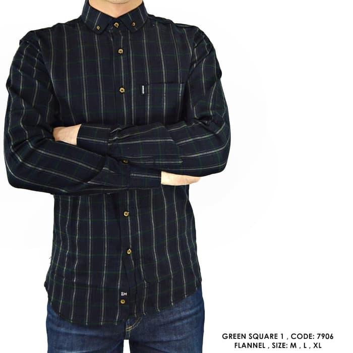 KEMEJA COWOK PRIA KERJA LENGAN PANJANG FLANNEL FLANEL KOTAK HIJAU TUA - seperti di foto, M