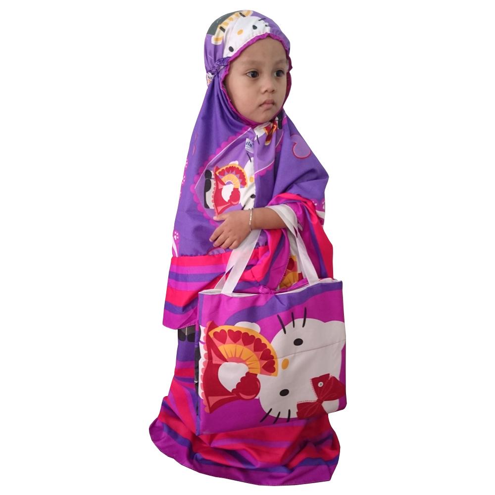 Toko Tiger-- Mukena Anak Karakter Kartun Hello Kitty Dan Sajadah Dan Tas Cantik - Ungu_Umur 2Th Sampai 10Th - PM2902