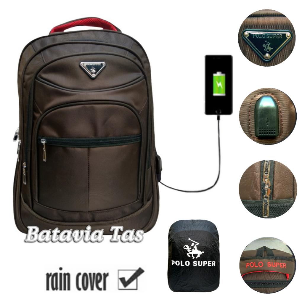 Tas Ransel Laptop Polo Super Tas Ransel Pria Tas Ransel Wanita Tas Laptop Tas Laptop Murah Tas Ransel laptop Usb Port Charge Tas Punggung Tas Kerja Tas Kuliah Tas Ransel Laptop Import Brown + Waterproof Raincover