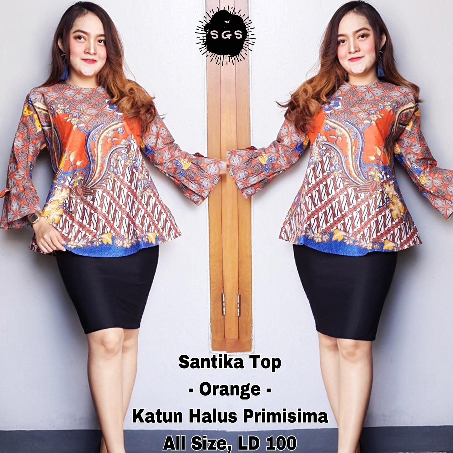 Atasan Blouse Batik Wanita - Blus Batik Cap - Blus Kerja Lengan Panjang - Blouse Batik Premium Santika Top