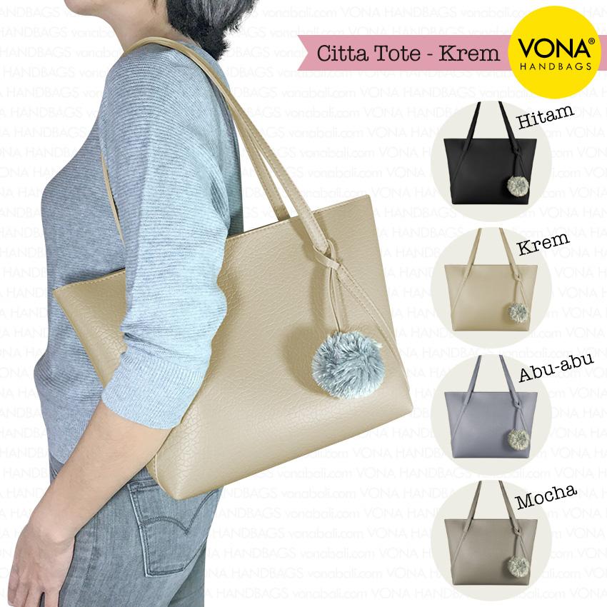VONA Citta - Tas Tote Bahu Wanita Pompom Bulu Shoulder Bag Tangan Sekolah Kerja Belanja Ladies Shopping Handbag Gendong Remaja Cewek Tali Zipper Murah Korean Fashion Bali Kulit Sintetis PU Leather Best Seller New Arrival Terbaru Branded Original Asli