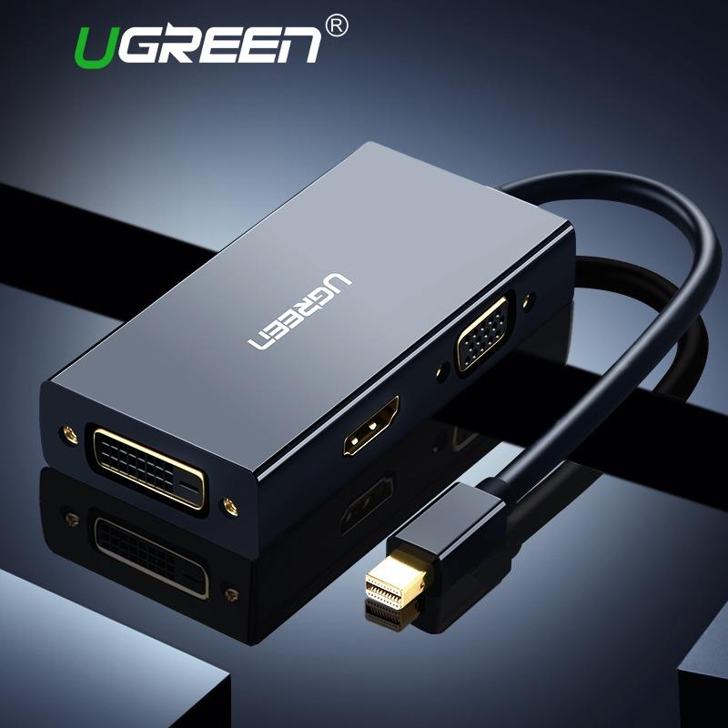 UGREEN Mini DisplayPort untuk HDMI DVI VGA Adapter 4K Mini DP Converter Thunderbolt kompatibel 3 dalam 1 untuk Mac, udara MacBook Pro, iMac, permukaan Pro3 Pro4 Google Chromebook, PC, proyektor Hitam
