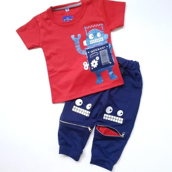 Baju Setelan Anak Bayi Laki Cowok Kaos Robot Celana Joger Restleting