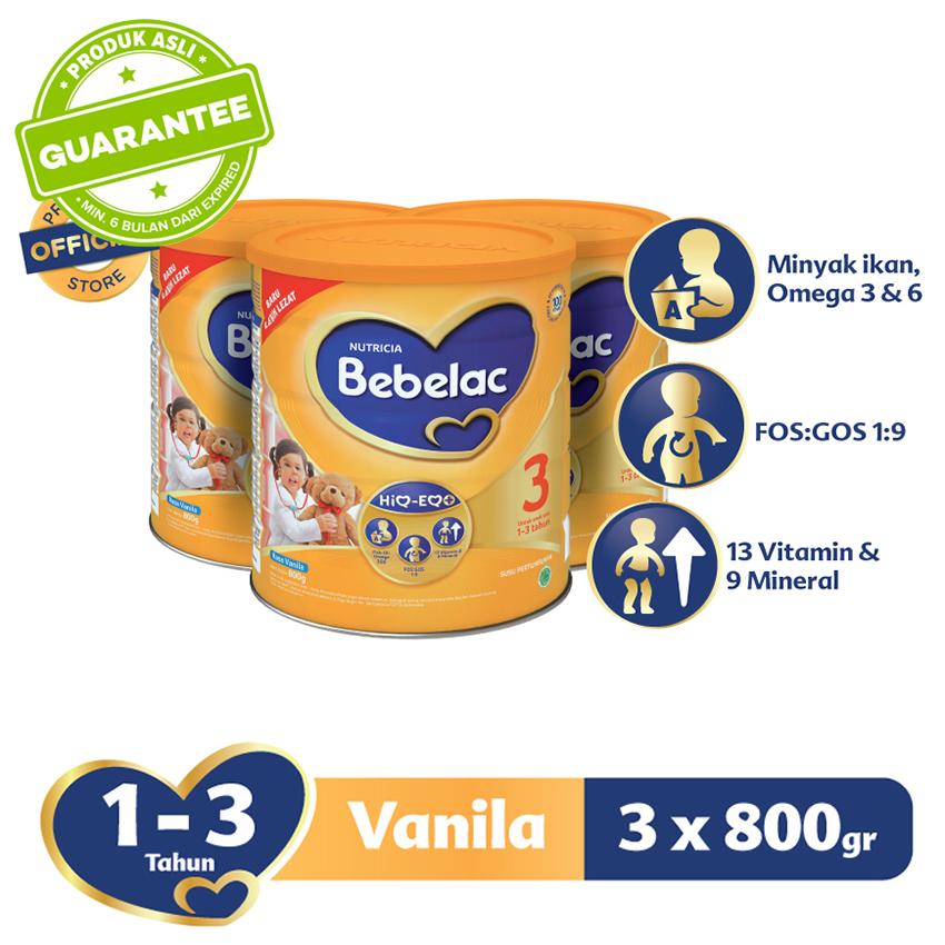 Bebelac 3 HiQ-EQ Susu Pertumbuhan - Vanila 800 gr - Bundle isi 3 Kaleng