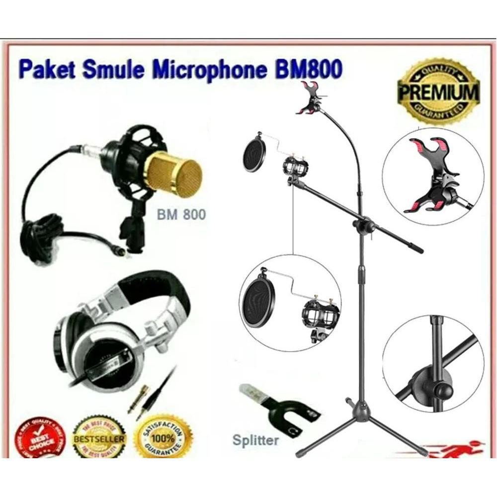 Paket Premium Smule Pro V Stand Microphone + Pop Filter + Mic Condensor Pro BM800 + Headphone Sony + Splitter
