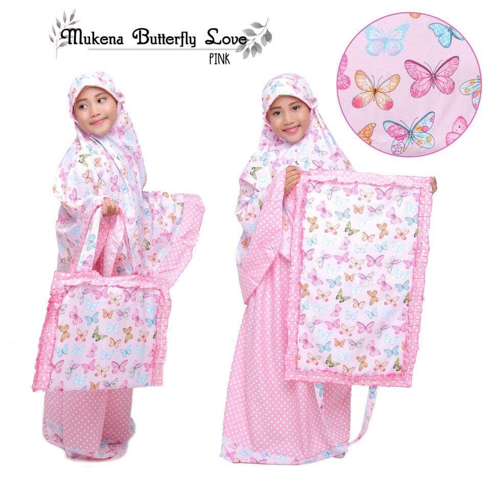 TERLARIS!!! MUKENA ANAK BUTTERFLY LOVE PINK SIZE XL mukena mewah / mukena dewasa / mukena tatuis / mukena anak / mukena bali / mukena katun jepang
