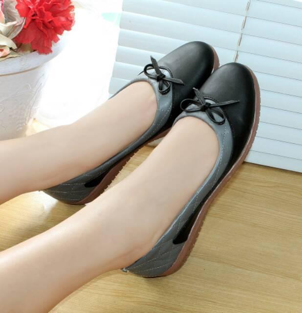Sepatu Wanita Flat Shoes Murah Kulit Teplek mokka hitam putih BLD0808