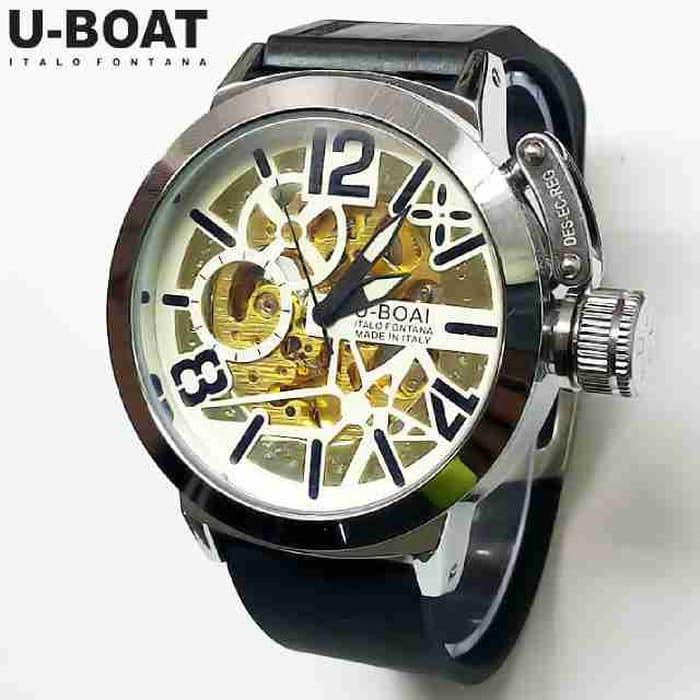 Hemat 10%!! Jam Tangan Pria U-Boat Skeleton Ub1 Rubber Black White Automatic - ready stock
